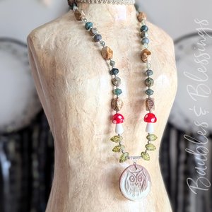 Earthy Owl Necklace with Mushroom and Leaf Beads