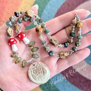 Earthy Owl Necklace with Mushroom and Leaf Beads