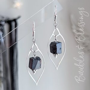 Sterling Silver Marquis and Rough Tourmaline Earrings