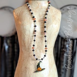 Folksy Floral Witch's Hat Necklace with Lampwork Pendant