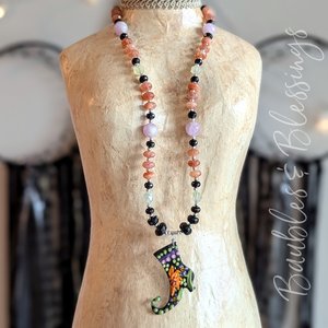 Folksy Floral Witch's Boot Necklace with Lampwork Pendant