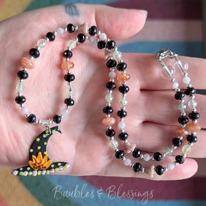 Folksy Floral Witch's Hat Necklace with Lampwork Pendant