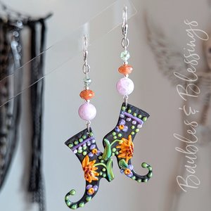 Folksy Witch's Boot Earrings with Lampwork Enameled Charms