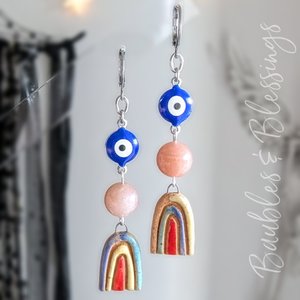 Evil Eye Protection Earrings with Sunstone & Boho Rainbows