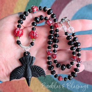 Raven Necklace for Morrígan with Red Lampwork Flowers
