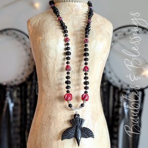 Raven Necklace for Morrígan with Red Lampwork Flowers