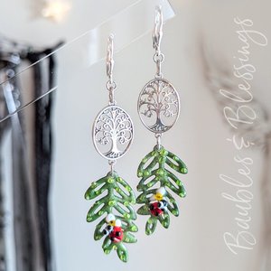 Tree of Life Earrings with Lampwork Enameled Leaves
