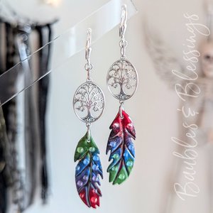 Tree of Life Earrings with Lampwork Enameled Feathers
