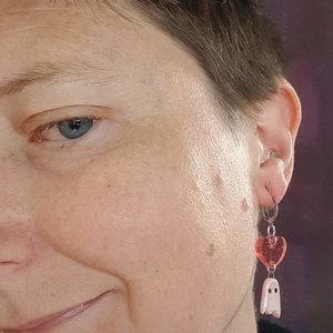 Swoopy Pink Ceramic Ghost Earrings with Pink Glitter Hearts
