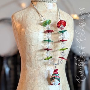 Christmas Gnome Necklace with Lampwork Discs & Quartz