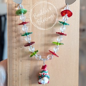 Christmas Gnome Necklace with Lampwork Discs & Quartz