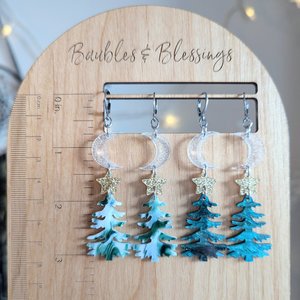 Marble Acrylic Holiday Tree Earrings with Crescent Moons 