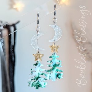 Marble Acrylic Holiday Tree Earrings with Crescent Moons 