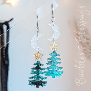 Glittery Acrylic Holiday Tree Earrings with Crescent Moons 