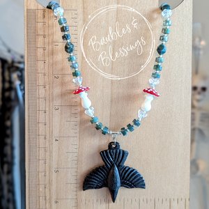 Raven Necklace with Lampwork Toadstools & Moss Agate