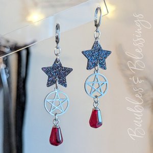 Pentagram Earrings with Sparkly Black Stars & Pomegranate Seeds