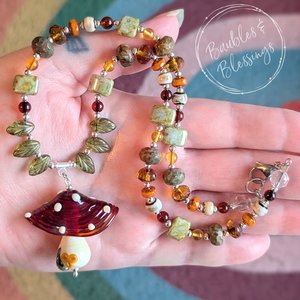 Earthy Mushroom Necklace with Amber, Green Opal & Czech Glass