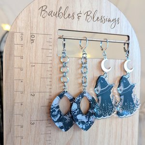 Witchy Kitty Earrings with Stainless Crescent Moons