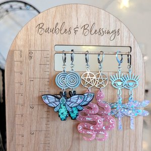 Glittery Pink Snake Earrings with Stainless Pentagrams