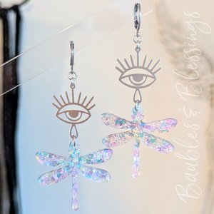 Glittery Dragonfly Earrings with Stainless Eye Charms