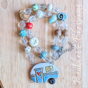 Whimsical Blue Camper Necklace with Handmade Beads