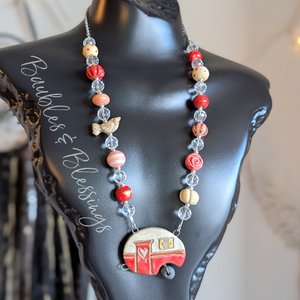 Whimsical Red Camper Necklace with Handmade Beads