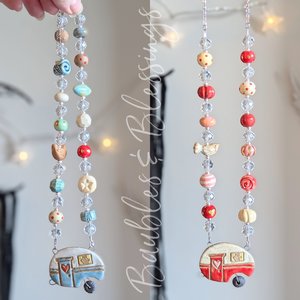 Whimsical Red Camper Necklace with Handmade Beads