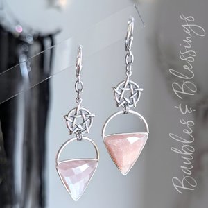 Peach Moonstone Earrings with Sterling Pentagrams