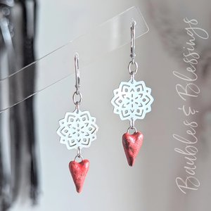 Red Ceramic Heart Earrings with Lip Shell Mandala