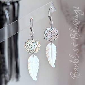 Mother of Pearl Leaf Earrings with Lip Shell Mandala