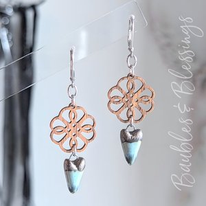 Green Ceramic Heart Earrings with Wood Flowers