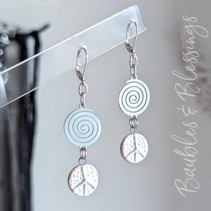 White Hippie Peace Sign Earrings with Stainless Spirals