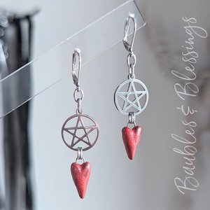 Red Ceramic Heart Earrings with Stainless Pentagrams