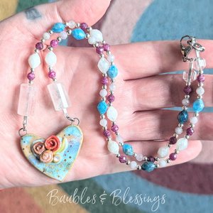 Sweet Floral Heart Necklace with Faceted Crystals