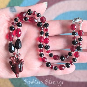 Dripping Heart Necklace with Onyx & Czech Glass