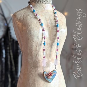 Sweet Floral Heart Necklace with Faceted Crystals
