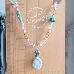Whimsical Beach Pebble Necklace with Mermaid Glass