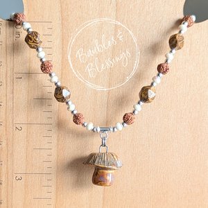 Earthy Necklace with Handmade Ceramic Mushroom