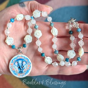 Elephant Necklace with Apatite, MOP & Rainbow Moonstone