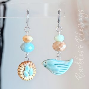 Sweet Blue Bird & Nest Earrings with Amazonite