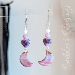 Enameled Copper Moon Earrings with Purple Crystals