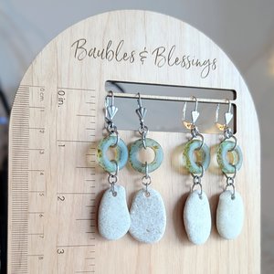 Beach Pebble Earrings with Faux Antique Glass Rings