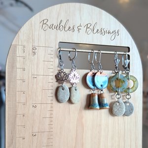 Petite Beach Pebble Earrings with Green Glass Rings