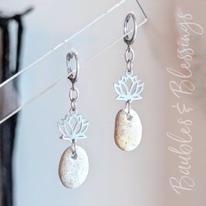 Petite Beach Pebble Earrings with Tiny Lotus Charms