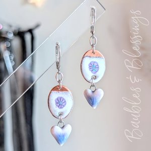 Enameled Purple Flower Earrings with Heart Charms