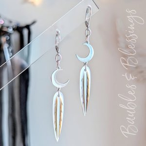 Stainless Crescent Moon Earrings with Shell Feathers