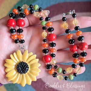 Sunflower Necklace with Colorful Handmade Beads