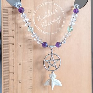 Witchy White Raven Necklace with Fluorite & Amethyst