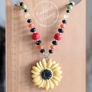 Sunflower Necklace with Colorful Handmade Beads