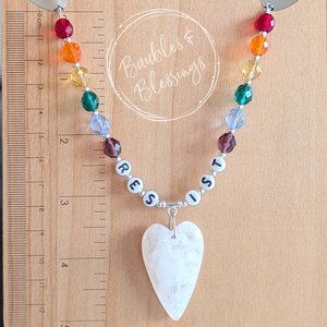 RESIST! Necklace with Rainbow Beads & Quartz Heart